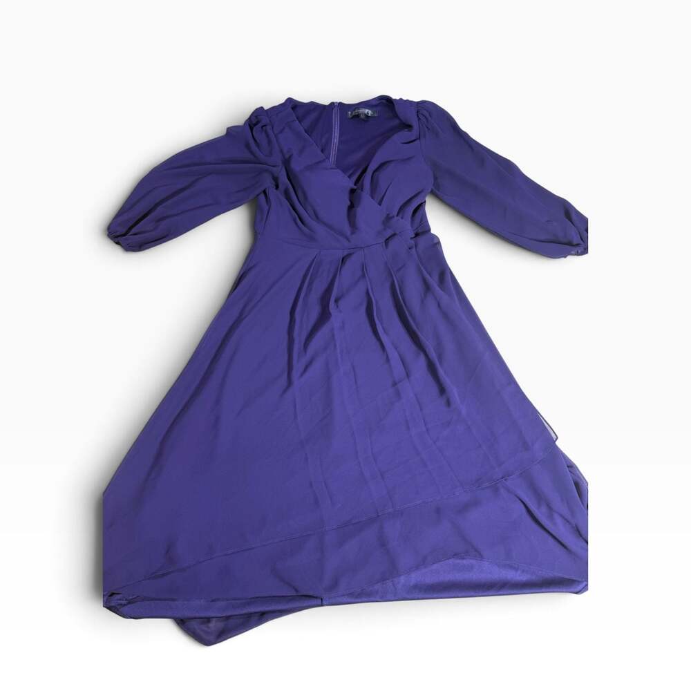 Ever Pretty Purple Long Sleeve Wrap Dress with Puff Sleeves and Hi-Low Hem, SZ L